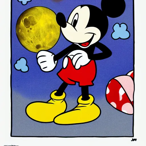 Prompt: mickey mouse walking on the moon