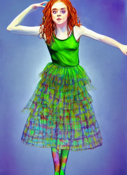 Image similar to surrealism psychedelic full body portrait sketch of sadie sink as delirium of the endless in fishnet top and rainbow tutu skirt from the sandman, floating goldfish, green and blue eye heterochromia by alex ross, josh kirby, detailed, elegant, intricate