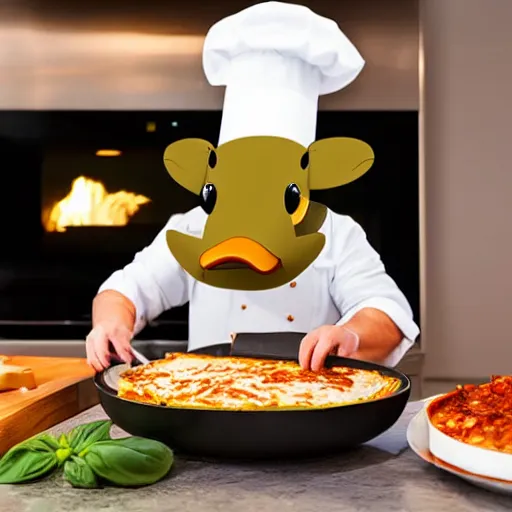 Image similar to platypus wearing a chef hat while cooking a lasagna with three basil leaves over the lasagna