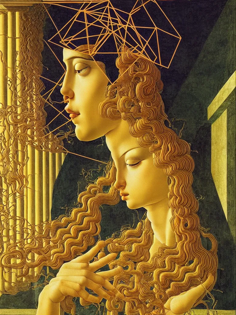 Prompt: hyperrealistic still life portrait of a mind exploding inside of a serene temple, beautiful plans, sacred geometry, light refracting through prisms in a tesseract, by sandro botticelli, botanical print, surrealism, vivid colors, serene, golden ratio, rule of thirds, negative space, minimalist composition