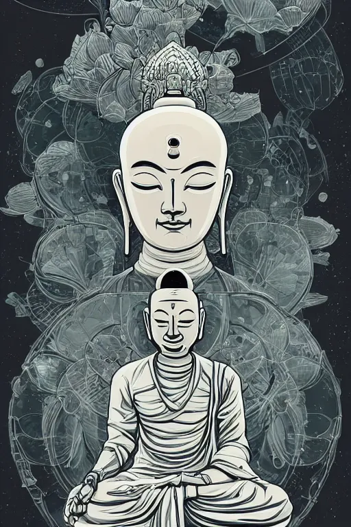 Prompt: a monotone study of cell shaded cyborg robot astronaut buddha meditating in a lotus flower illustration, golden ratio, post grunge portrait, character concept art by josan gonzalez, james jean, Mike Mignola, Laurie Greasley, highly detailed, sharp focus, alien, Artstation, deviantart, artgem