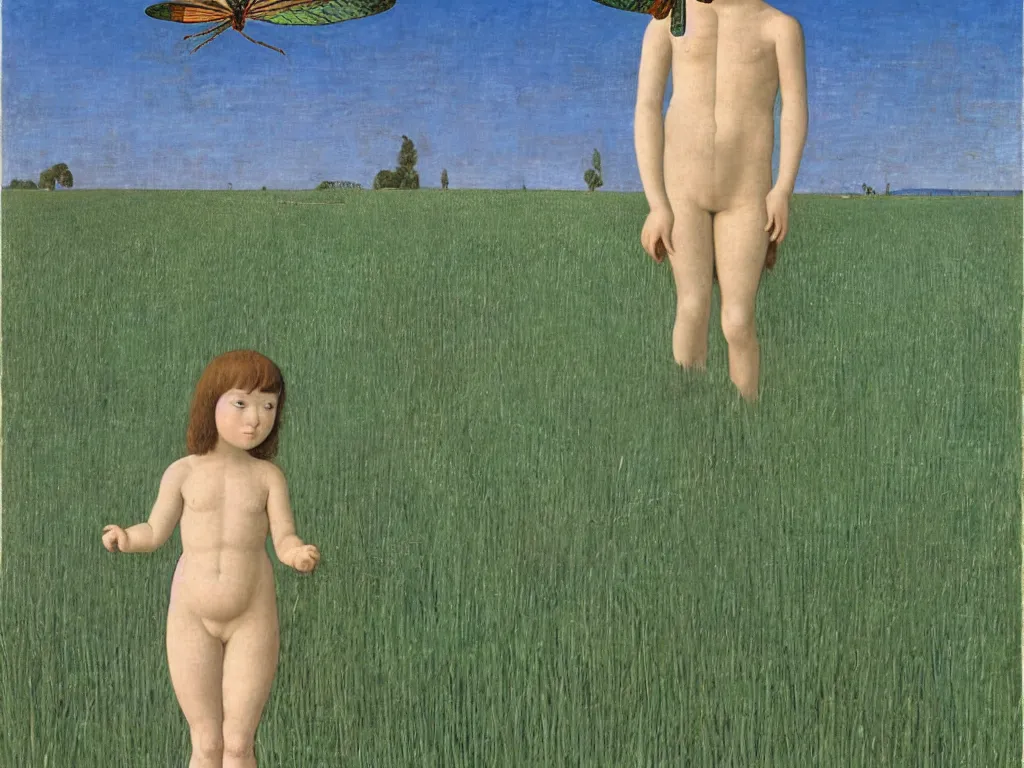 Image similar to Small child with a giant iridescent insect in the iris field. Painting by Piero della Francesca, Alex Colville