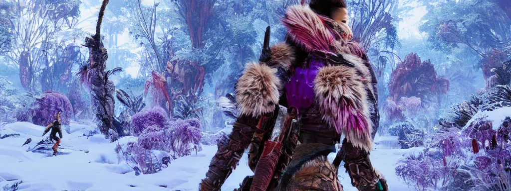 Image similar to muscular explorer woman walking forward in animal fur armour with crop top midriff, walking in a dense alien snow covered frosty jungle, with snow covered colourful red, blue and purple plants, large vines, snow covered arched organic rock structures, in the style of monster hunter world, like concept art on artstation, hyperdetailed, vray render, octane render,