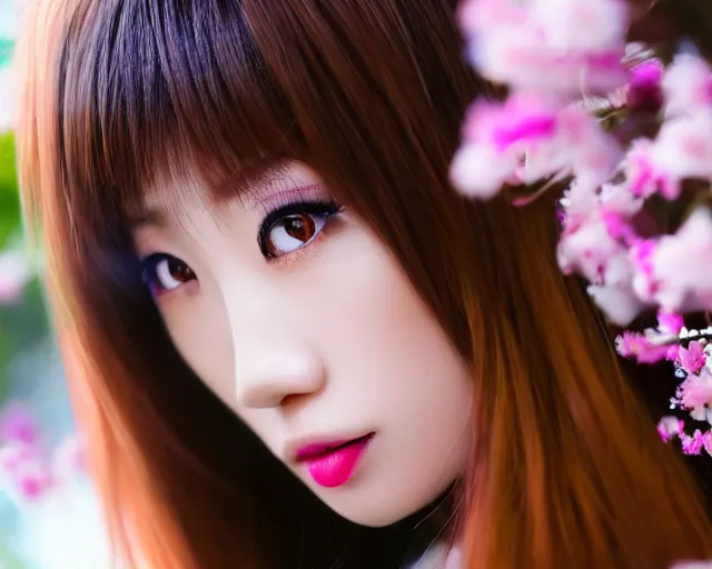 Prompt: close up portrait of an japanese gyaru with beautiful face and modern clothes, sakura blooming in the background, bokeh, depth of field, dramatic lighting, cinematic, vivid colors, matte painting, vivid color scheme, trending on pixiv