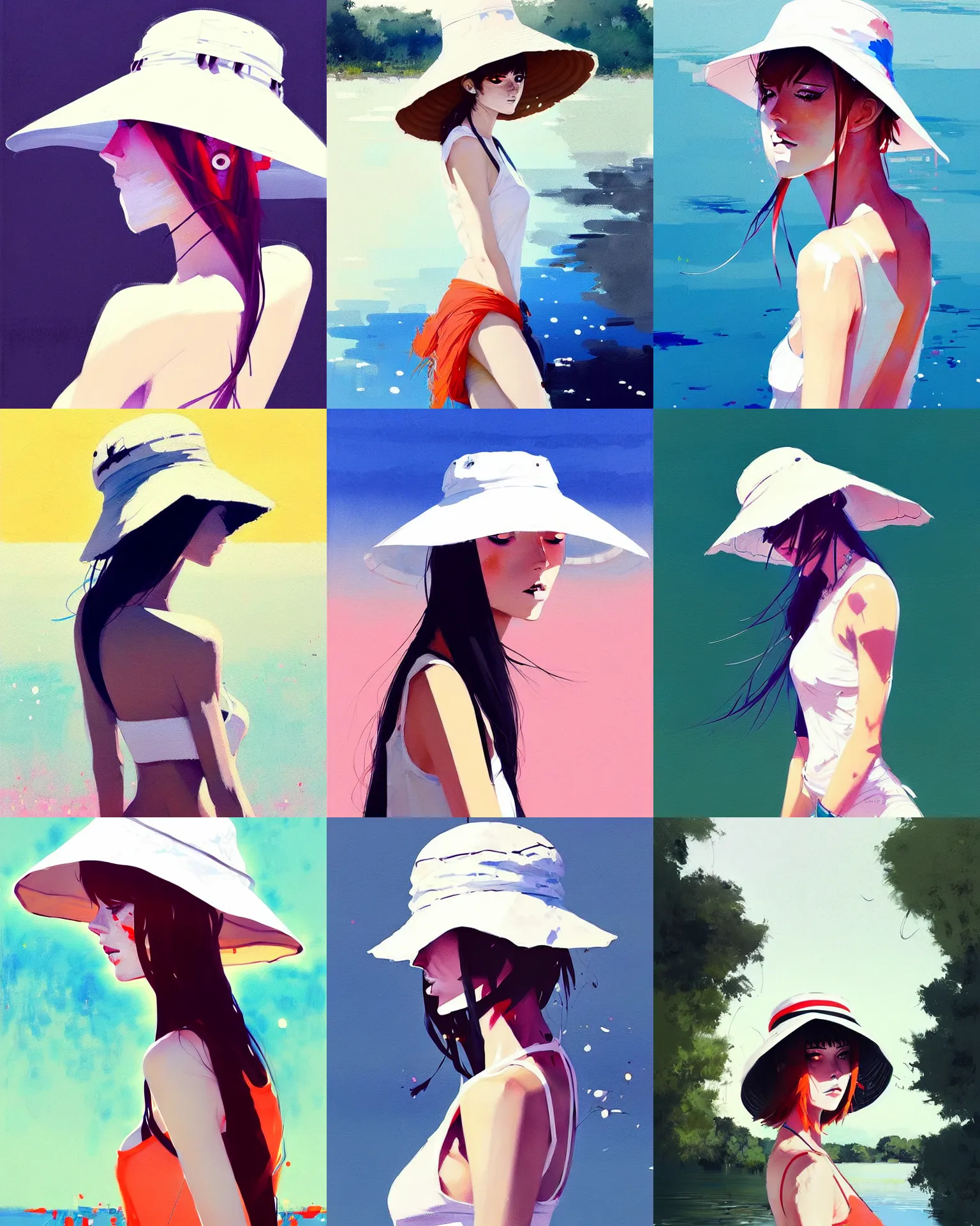 Prompt: a ultradetailed beautiful painting of a stylish woman wearing a white bucket hat at the river, by conrad roset, greg rutkowski and makoto shinkai trending on artstation