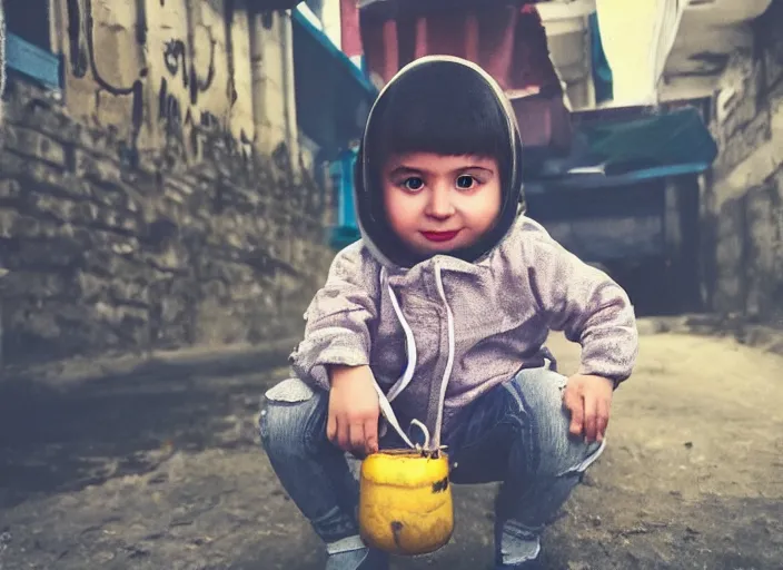 Image similar to professional fine detailed photo portrait of young minion from makhachkala, dagestan. kid minion in the postsoviet suburbia, iphone photo, instagram, color