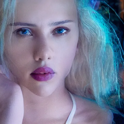 Prompt: a beautiful medium - shot still of scarlett johansson from ghost in the shell looking off into the distance, a - line bob hairstyle, black hairs, ultra realistic, soft, blue hour, soft neons light from night city falling on her face. focus on her eyes and brows. by annie leibowitz