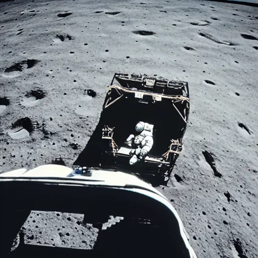 Prompt: photo of astronaut driving a convertible on the moon, 3 5 mm, full - hd