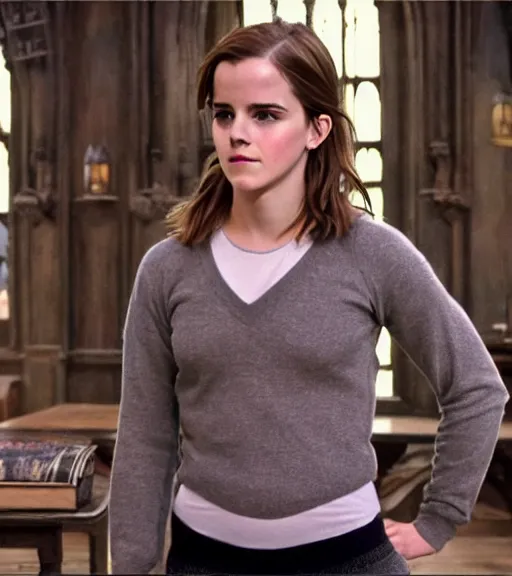 Prompt: thicc Emma Watson in hogwarts, detailed body shape, cute Harry Potter sportswear,