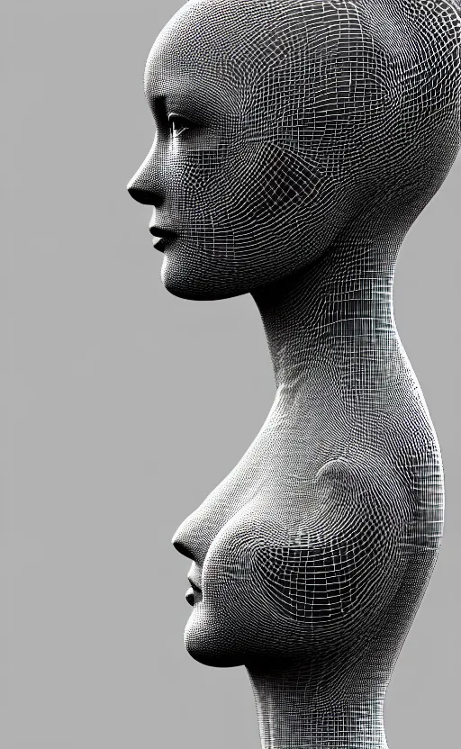 Image similar to black and white complex 3d render of a beautiful profile woman face, vegetal dragon cyborg, 150 mm, beautiful natural soft light, moon rays, silver details, magnolia stems, roots, fine lace, maze like, mandelbot fractal, silver metallic armour, anatomical, facial muscles, cable wires, microchip, elegant, highly detailed, rim light, octane render, H.R. Giger style