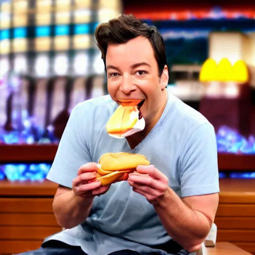 Prompt: a photo of jimmy fallon eating a hamburger at a mcdonalds, 4k