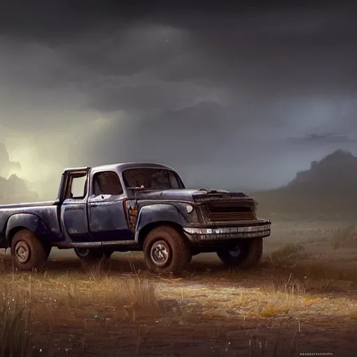 Image similar to a beautiful detailed realistic pick - up truck in a serene landscape with an eerie dark magic lightning portal to another dimension, by john howe and alexander skold and andreas rocha. vray, raytracing, detailed lighting, volumetric lighting, cinematic lighting, very wide shot, f 8