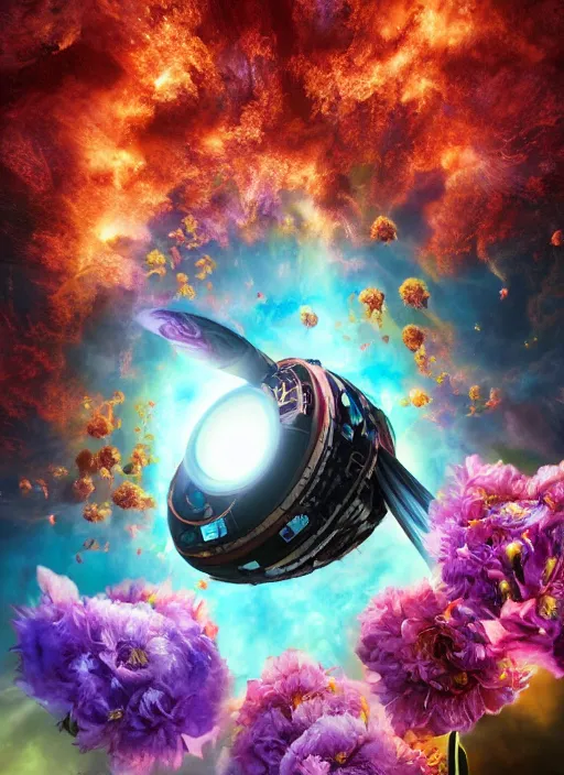 Image similar to An epic fantastic realism comic book style painting of the most beautiful flowers launched into space, bouquets, everything being pulled into a black hole, floral meteor, fisheye, unreal 5, DAZ, hyperrealistic, octane render, dynamic lighting