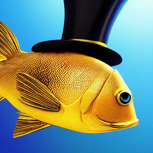 Prompt: golden fish with the monocle and top-hat, realistic, 4k, real world, realistic cinematic,