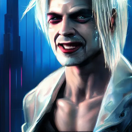 Image similar to cyberpunk, closeup portrait of a cyberpunk entertainer, blond hair, grey eyes, sadistic smile, delicate jaw, hologram, dramatic light, city background, sunset, dystopian setting, high contrast, sharp, neuromancer, peter riviera, painted by stanley lau, painted by greg rutkowski, painted by stanley artgerm, digital art, trending on artstation