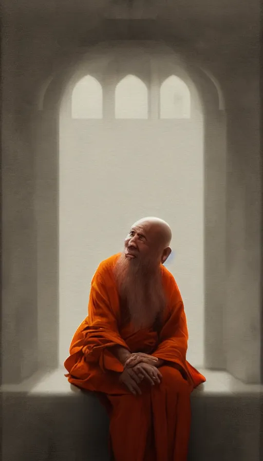 Image similar to portrait of an old monk sitting by a spaceship window, orange robe, dramatic lighting, artstation, matte painting, johannes vermeer