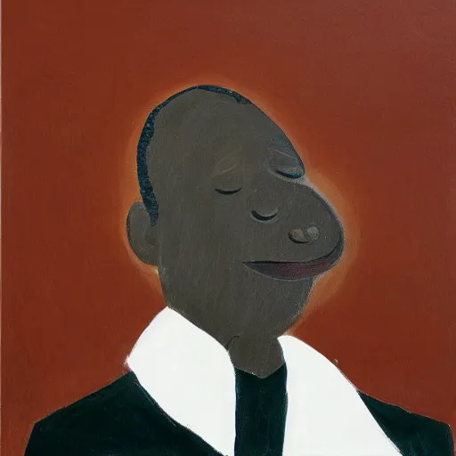 Image similar to a painting of a fatherly, aquiline nose, wide forehead, round face, XXL , loving, caring, generous, ever-present, humble, wise elder from Kenya with a friendly expression in a suit by Kara Walker . Fatherly/daddy, focused, loving, leader, relaxed,. ethereal lights, details, smooth, sharp focus, illustration, realistic, cinematic, artstation, award winning, rgb , unreal engine, octane render, cinematic light, macro, depth of field, blur, red light and clouds from the back, highly detailed epic cinematic concept art CG render made in Maya, Blender and Photoshop, octane render, excellent composition, dynamic dramatic cinematic lighting, aesthetic, very inspirational, arthouse.