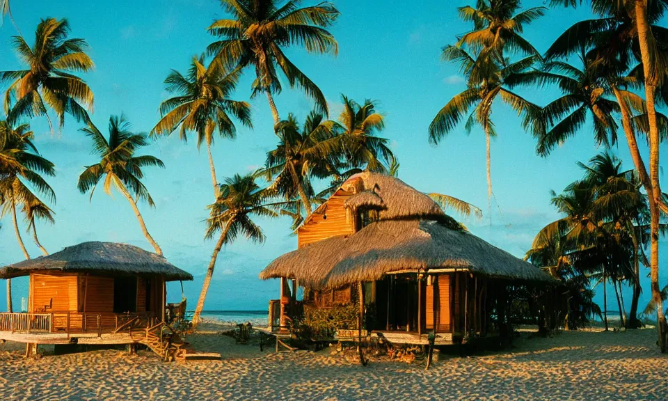 Prompt: 35mm film still, morning light over wood bungalow on the beach of a tropical island, vivid , color palette of gold