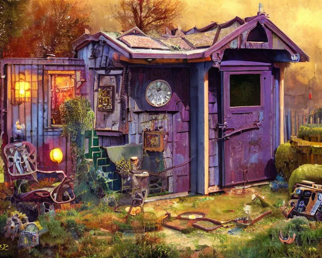 Image similar to IKEA catalogue photo of a steampunk shed, by Paul Lehr