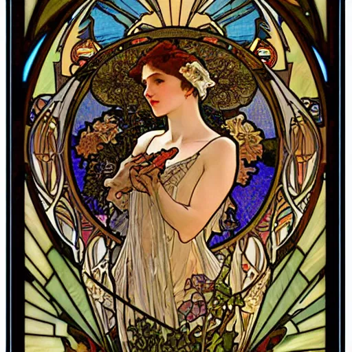 Prompt: the longest night, holding a candle, art by alphonse mucha, intricate stained glass