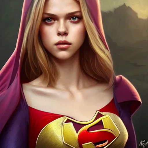 Image similar to beautiful Nicola Peltz as Super Girl, western, closeup, D&D, fantasy, intricate, elegant, highly detailed, digital painting, artstation, concept art, matte, sharp focus, illustration, art by Artgerm and Greg Rutkowski and Alphonse Mucha