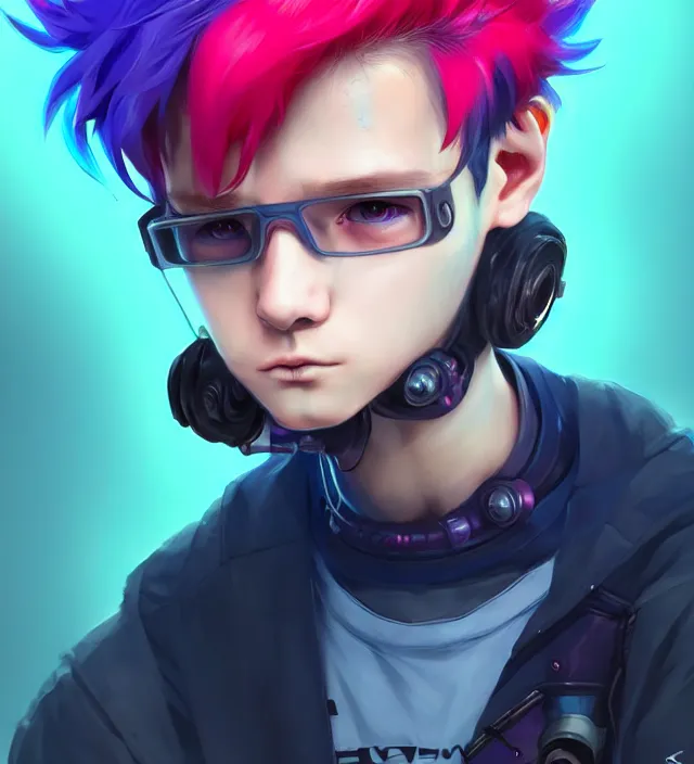 Image similar to character concept art of a cute young cyberpunk boy with colorful hair and collar | | cute - fine - face, pretty face, key visual, realistic shaded perfect face, fine details by stanley artgerm lau, wlop, rossdraws, james jean, andrei riabovitchev, marc simonetti, and sakimichan, trending on artstation