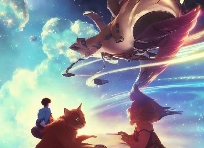 Image similar to a space handsome gay guys and their 1 0 pet space cats staring role in an awesome fun musical sci - fi space opera ghibli animated film, volumetric lighting, octane render by stanley artgerm lau, greg rutkowski, thomas kindkade, alphonse mucha, loish, norman rockwel, 8 k greg rutkowski