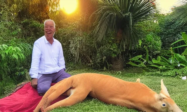 Image similar to My dad just took a hit from the bongo and have good time being gracefully relaxed in the garden, sunset lighting