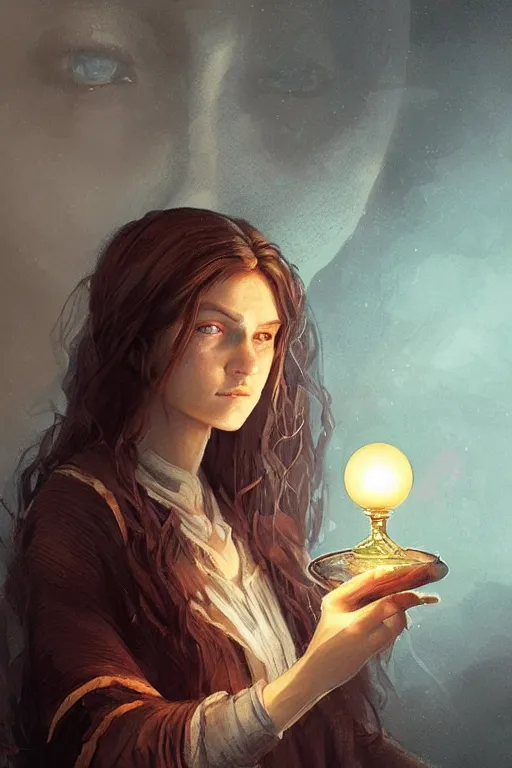 Prompt: portrait of a young witch with a crystal ball, true anatomy, detailed face, highly detailed, by greg rutkowski