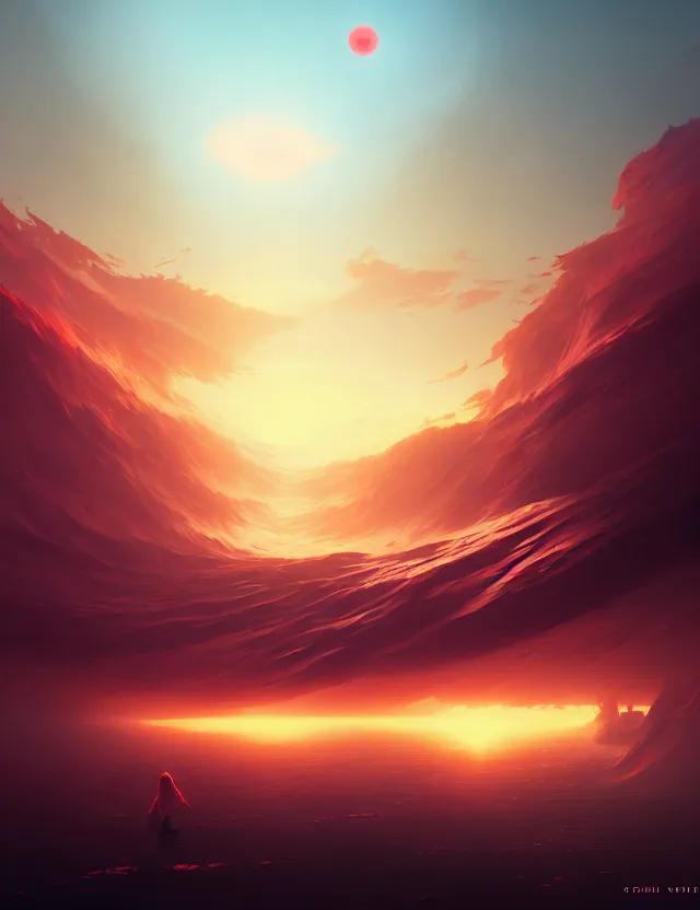 Prompt: ghost above a red sea with clear sky, artwork by tooth wu and wlop and alena aenami and greg rutkowski