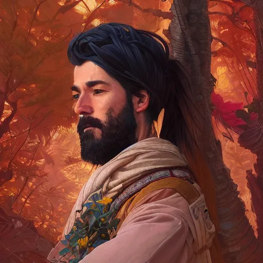 Image similar to Highly detailed portrait of Kurdish samurai, Stephen Bliss, unreal engine, fantasy art by Greg Rutkowski, Loish, Rhads, ferdinand knab, Makoto Shinkai and Lois van baarle, ilya kuvshinov, rossdraws, Tom Bagshaw, alphonse mucha, global illumination, radiant light, detailed and intricate environment, highly detailed, award winning art