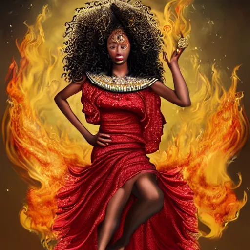 Prompt: Curly haired african priestess wearing a red hat, wild hair, in a beautiful flowing red dress surrounded by flames, clothes, intricate hellish decoration on the dress, on the background of an ancient cathedral, Designer clothes, fullbody, intricate, elegant, highly detailed, digital painting, artstation, concept art, matte, sharp focus, illustration, art by Artgerm and Greg Rutkowski and Alphonse Mucha, octane render, 8k