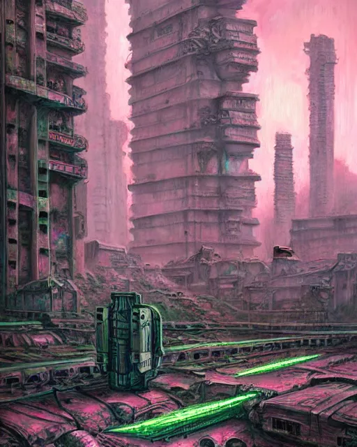 Prompt: hyperrealistic ornate mecha iridescent pink brutalist city ruins background concept art santiago caruso de chirico sharp very dramatic green light 8k low angle shallow depth of field