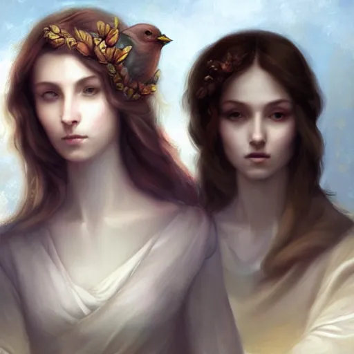 Prompt: a painting of a woman holding two birds, a character portrait by charlie bowater, featured on deviantart, pre - raphaelitism, pre - raphaelite, wiccan, deviantart