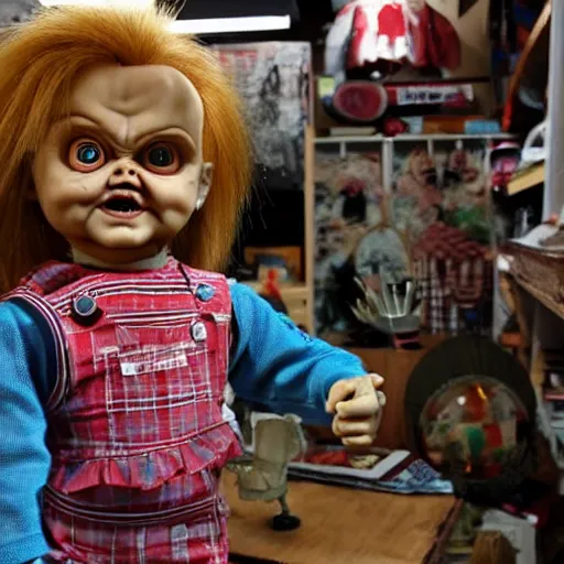 Prompt: Chucky the killer dollfor sake in creepy thrift store