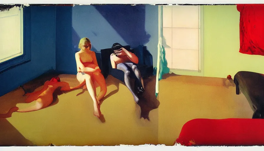 Prompt: realistic lovers melting collapsed in a the bedroom void, beds, alizarin curtains, spasms, college girls, couches vibrating and melting, polaroid, painted by Edward Hopper, Adrian Ghenie, 8k, Peter Doig, Mark Rothko, photorealistic, polaroid, melting paint drips