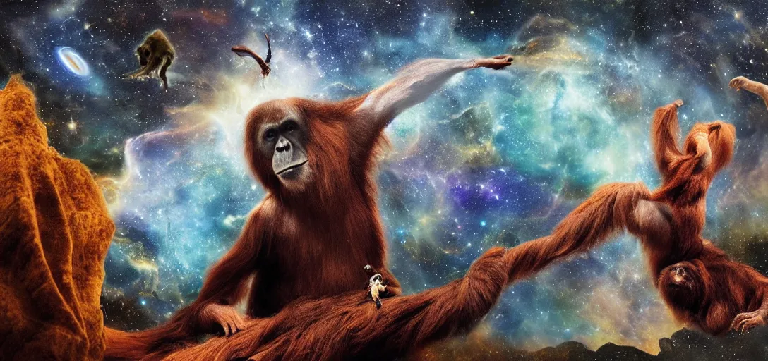 Prompt: Large diorama, celestial Beata Ludovica Albertoni, galaxy background, with an orangutan floating by in a heroic pose