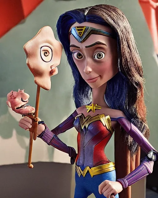 Prompt: steve buscemi ’ s wonder woman as a highly detailed stop motion puppet, in the style of laika studios ’ s paranorman, coraline, kubo and the two strings shot in the style