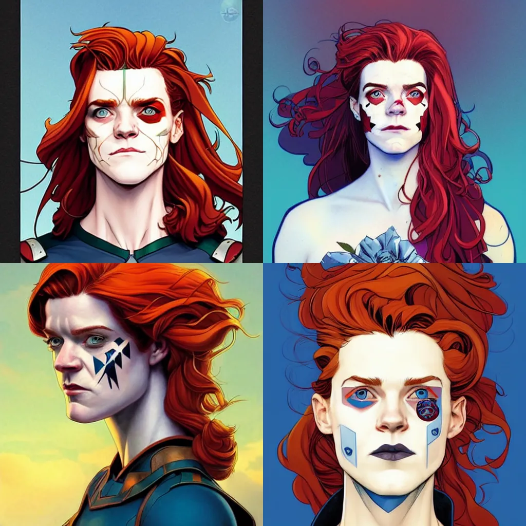 Image similar to Rafeal Albuquerque comic art, Joshua Middleton comic art, pretty female Rose Leslie, Scottish warrior, scots blue facepaint, big smirk, symmetrical face, symmetrical eyes, long red hair, full body, battlefield background:: sunny weather::