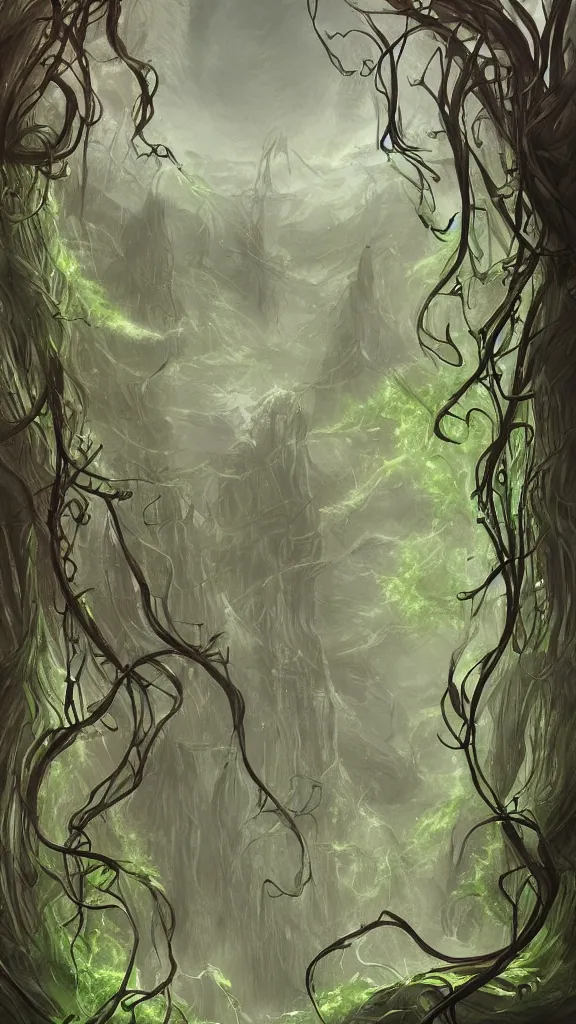 Image similar to long thick vines everywhere, fantasy art, art station, grey background,