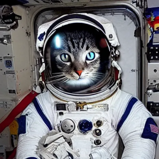 Image similar to astronaut cat should look like real in the space station