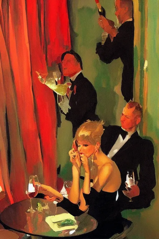 Image similar to glam rockers drinking wine, inside a tiny green room with red lights by joaquin sorolla, greg rutkowski, bill sienckiwicz, extremely detailed