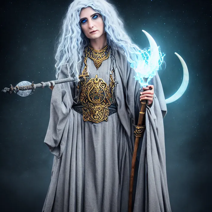 Image similar to professional photograph of a real - life beautiful elemental moon witch with ornate grey robes and staff. extremely detailed. 8 k