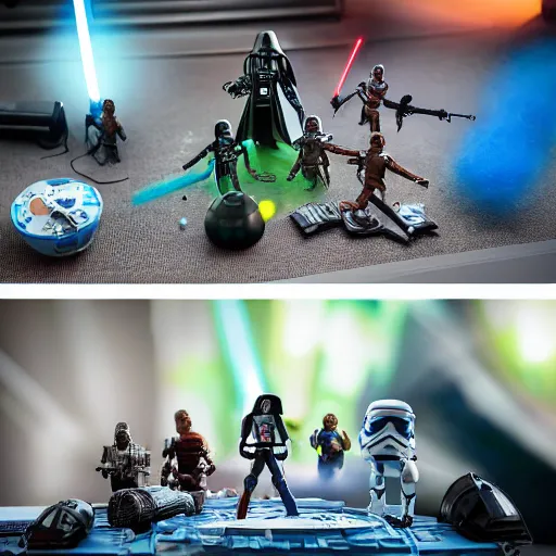 Image similar to a detailed photo of a epic diorama of star wars toys, macro photography, zoom, table, studio lighting