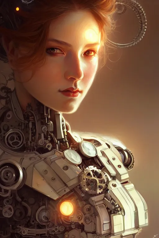 Prompt: beautiful female mechanical android!, half portrait, intricate detailed environment, photorealistic!, intricate, elegant, highly detailed, digital painting, artstation, smooth, sharp focus, art by artgerm and greg rutkowski and alphonse mucha