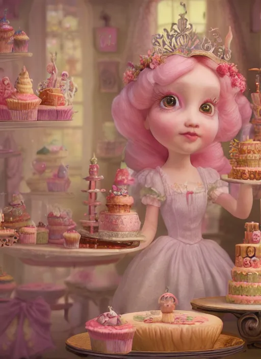 Prompt: highly detailed closeup portrait of a fairytale princess's cake shop, unreal engine, nicoletta ceccoli, mark ryden, earl norem, lostfish, global illumination, detailed and intricate environment