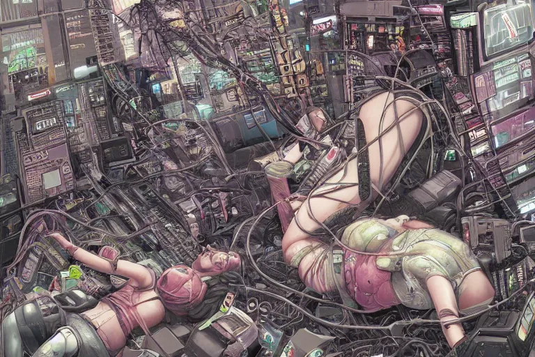 Prompt: a hyper-detailed cyberpunk illustration with a bunch of android females lying over an empty floor, with their broken bodies open and a mess of cables and wires coming out, by masamune shirow and katsuhiro otomo