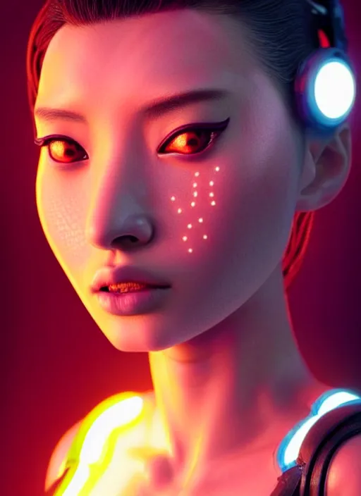 Image similar to photorealistic portrait of oriental female humanoid with freckle cheeks, cyber neon lightings, intricate, cyberpunk high fashion, elegant, crispy quality, digital photography, trending in artstation, trending in pinterest, glamor pose, no signature, no watermark, cinematic, octane render, art by artgerm, art by greg rutkowski, art by pascal blanche