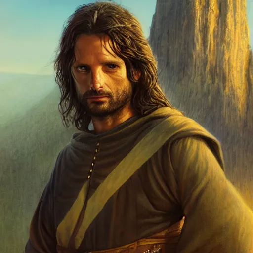 Prompt: Portrait of Aragorn, High King of the Reunited Kingdom, golden hour, detailed matte painting, cinematic, Alan Lee, Artstation