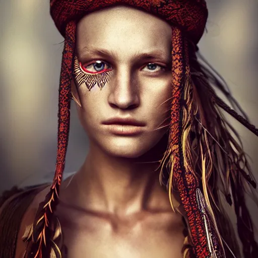 Image similar to portrait of a stunningly beautiful caucasian tribal female, depth of field, zeiss lens, detailed, symmetrical, centered, fashion photoshoot, by Annie Leibovitz and Steve McCurry, David Lazar, Jimmy Nelsson, Breathtaking, 8k resolution, extremely detailed, beautiful, establishing shot, artistic, hyperrealistic, beautiful face, octane render